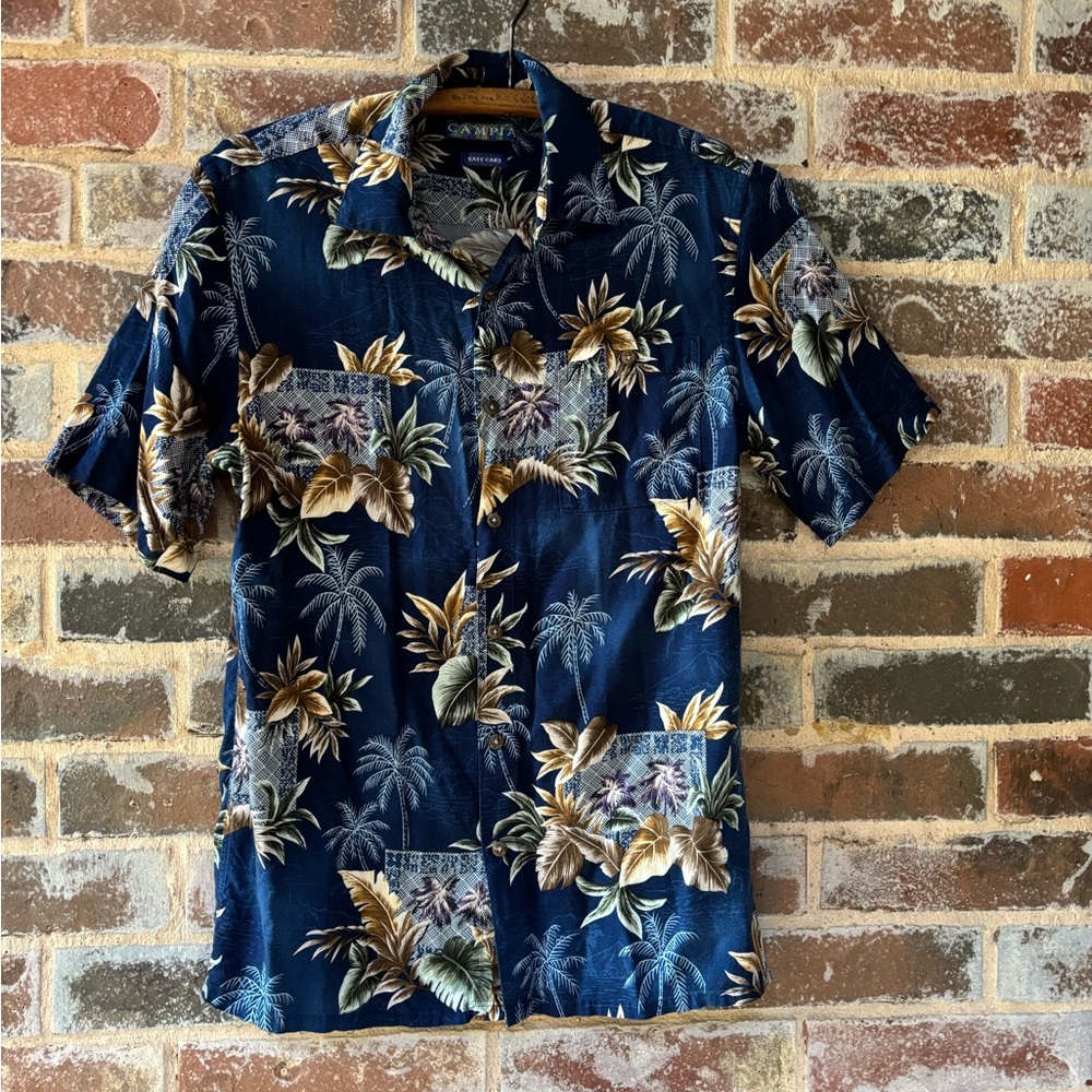 Campia Moda Blue Tropical Palm Floral Short Sleeve Button-Down Shirt